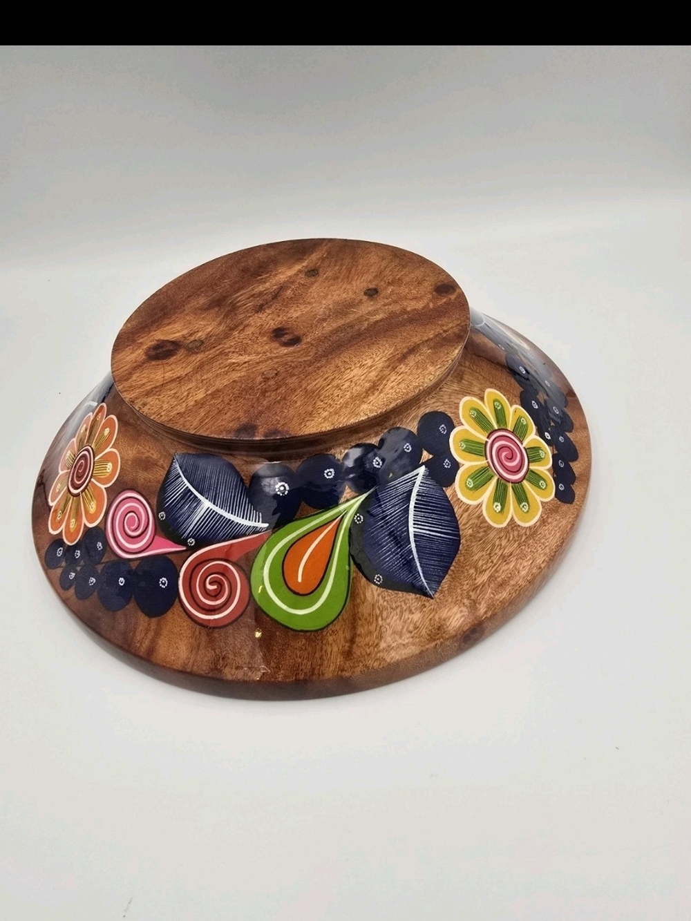 Hand-Painted Wooden Decorative Bowl with Colorful Floral Motif - Multicolor